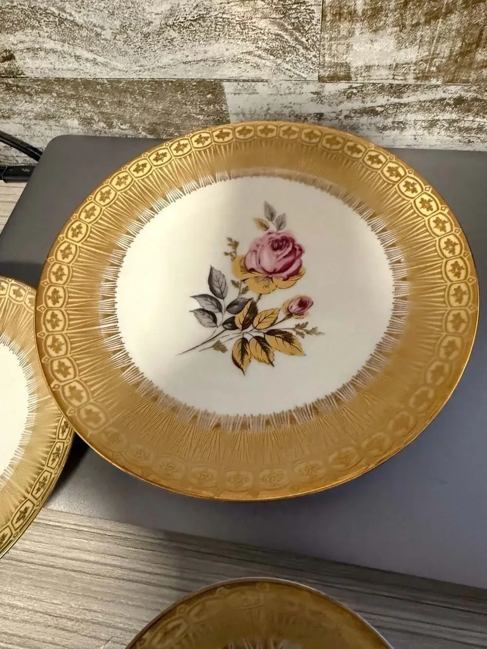 Vintage Mitterteich Bavaria Gold Chintz Footed Teacup Saucer and Plate Trio Set